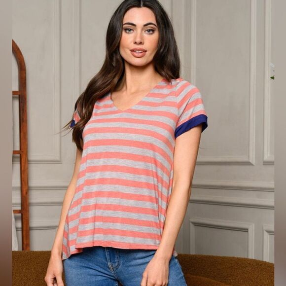 Women’s short sleeve stripe back detailed top - Picture 1 of 8